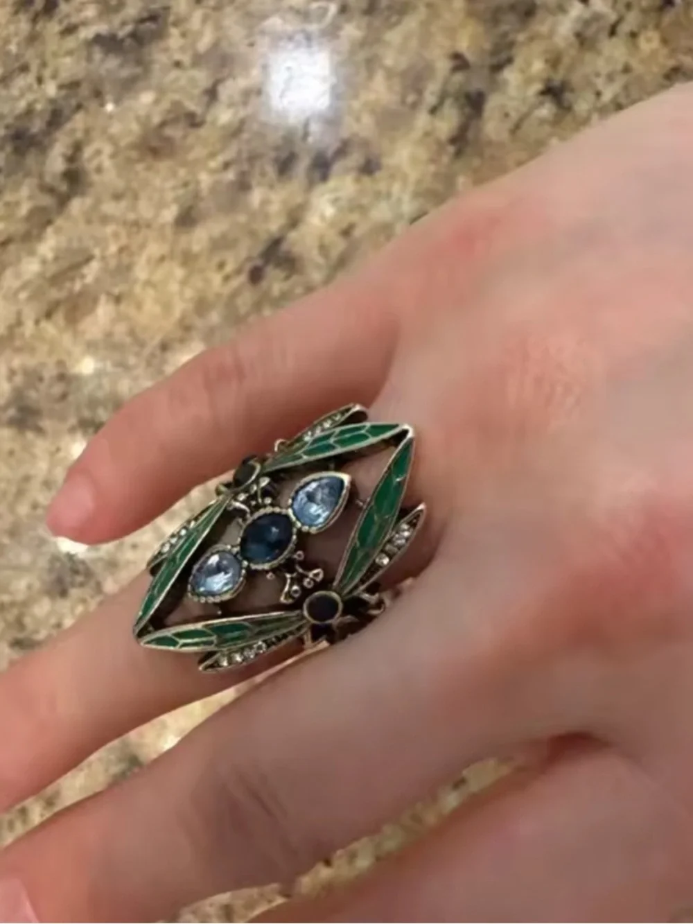Vintage Green Enamel and Blue Stone Gold Ring